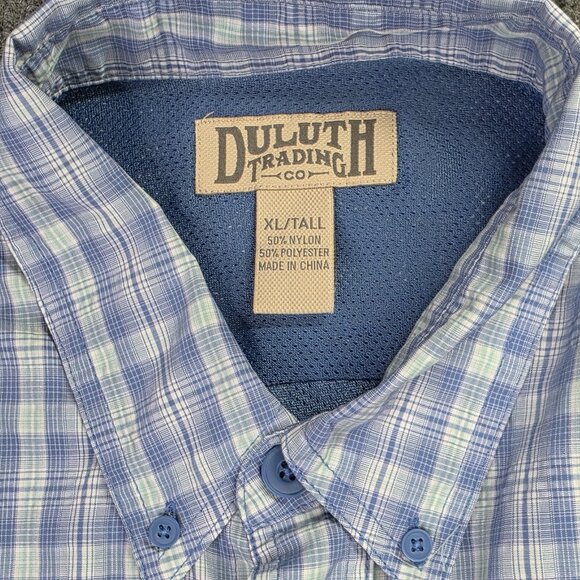 Duluth Trading Shirt Mens XL Tall Blue Plaid Button Up Vented Pocket Gorp Casual - Picture 2 of 12